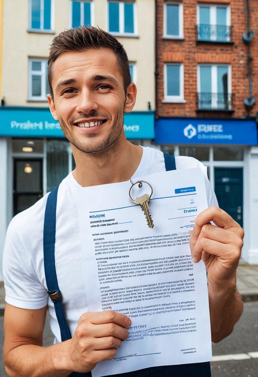 A split scene showcasing a tenant on one side, looking worried while inspecting a lease agreement, and a confident landlord on the other side, holding a property key with a bright smile. In the background, there are visual elements representing both residential homes and commercial buildings, highlighted by icons like a home insurance policy and a commercial insurance badge. The contrast between the two sides should depict the journey from tenant to landlord. super-realistic. vibrant colors. white background.
