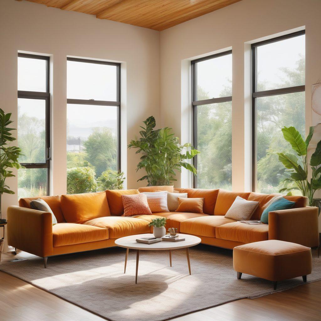 A cozy, modern living room with a happy renter examining their property insurance policy, surrounded by personal belongings symbolizing protection (like a small safe, home decor, and plants). Sunlight streams in through large windows, reflecting a sense of security and comfort. The atmosphere is warm and inviting, emphasizing the importance of protecting one's investment. super-realistic. vibrant colors. warm tones.